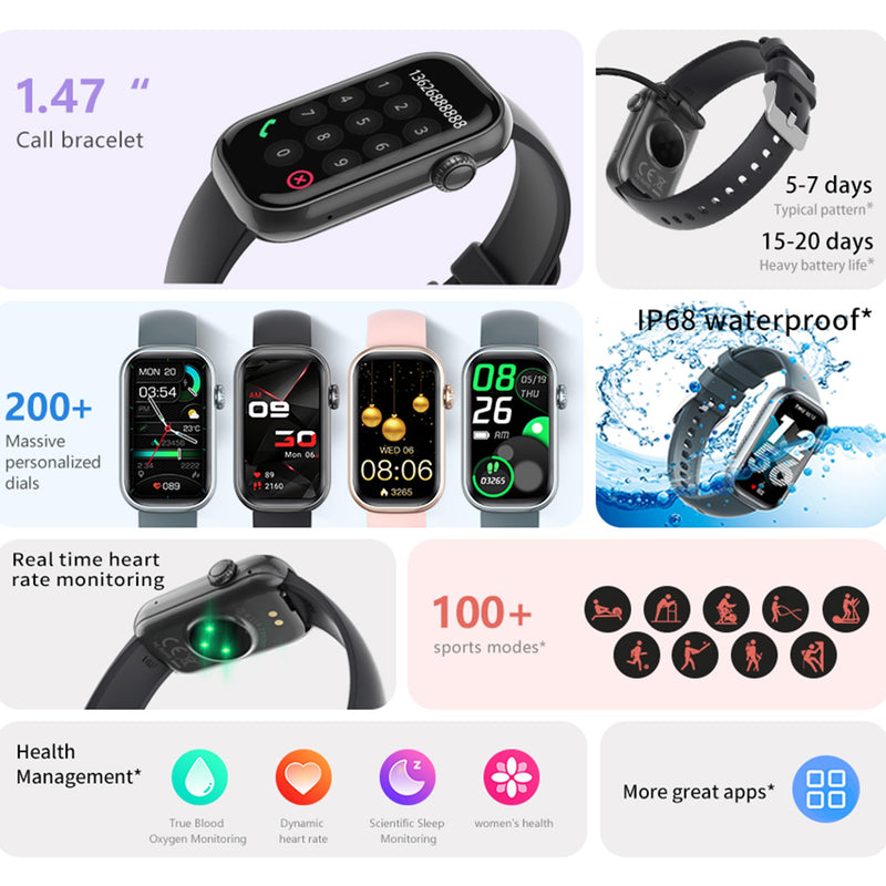 ZPIMY 1.47” AMOLED Smart Watch for Women (Make/Answer Call), 5ATM Waterproof Mens Smartwatch, Fitness Tracker Smartwatch for Android iPhones, Digital Watches Step Counter, 2 Straps (Black) Black