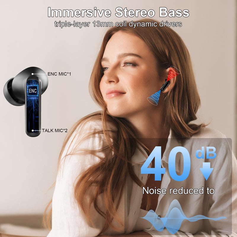 2026 Wireless Earbuds 5.4, Bluetooth Headphones HiFi Stereo, 50H Playtime | In-Ear Headphones with 4 ENC Noise Cancelling Mics, IP7 Waterproof Wireless Headphones, Earbuds for iOS/Android, LED Display Midnight Black