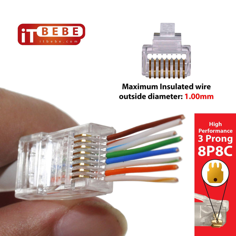 ITBEBE 300 Pieces - Gold Plated RJ45 Cat5, Cat5e Pass Through Connectors - 3 Prong 3u Pass Through 8P8C UTP Jack Ends Quantity 300