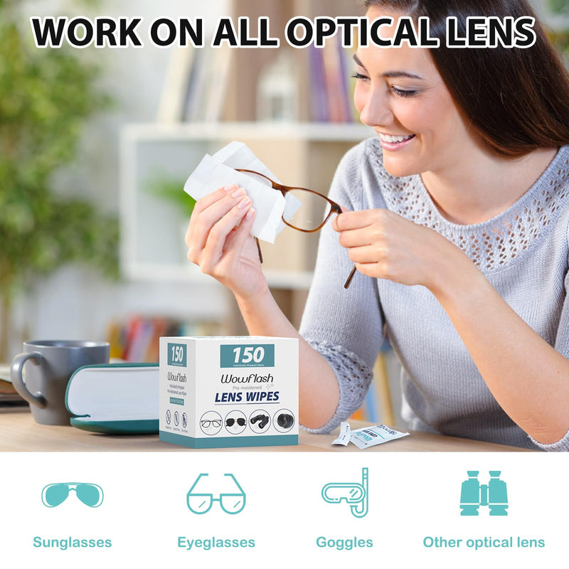 150 Count Lens Wipes for Eyeglasses, Eyeglass Lens Cleaning Wipes Pre-moistened Individually Wrapped Sracth-Free Streak-Free Eye Glasses Cleaner Wipes for Sunglass, Camera Lens, Goggles 150 Count