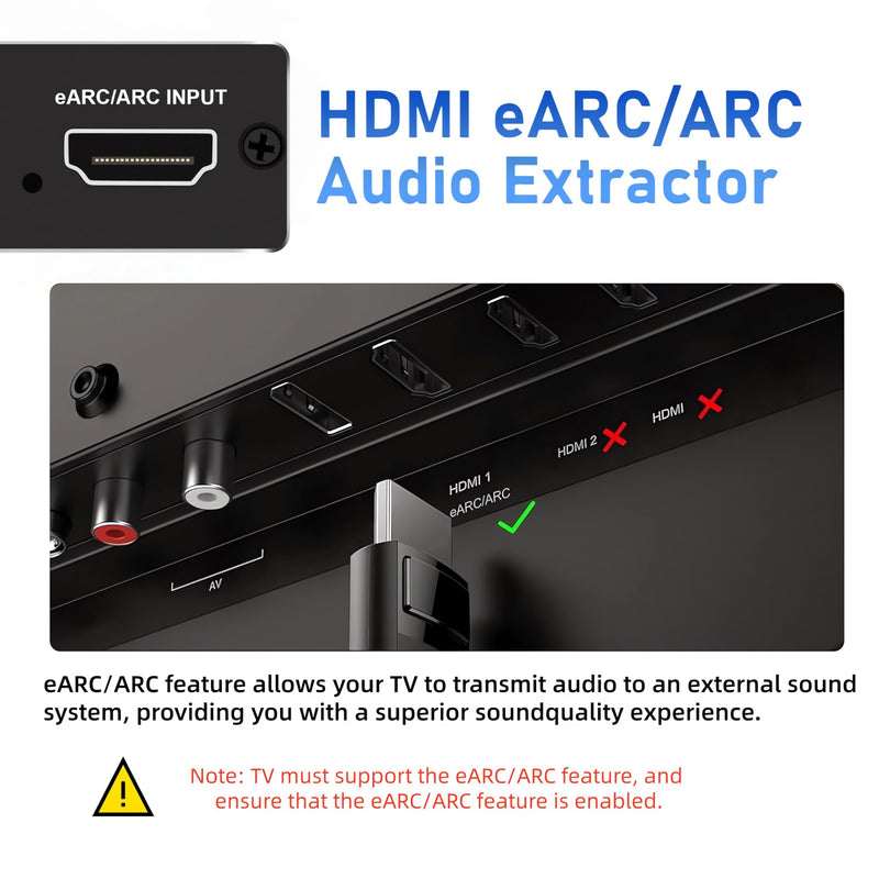 HDMI eARC/ARC Audio Extractor, 192KHz HDMI ARC/eARC to Optical Audio Adapter Converter to Optical+ Coaxial and Analog 3.5mm for HDTV Soundbars, Home Theaters-PCM/ Dolby5.1 & DTS 5.1 Formats eARC-01