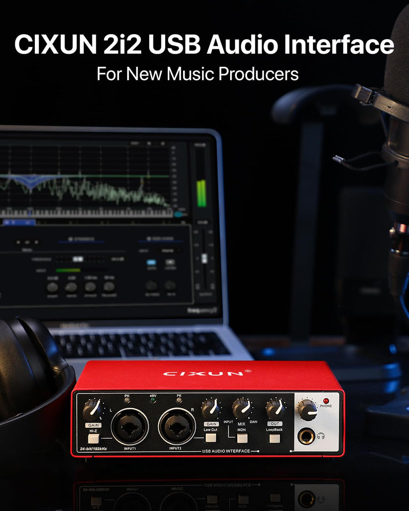 2i2 USB-C Audio Interface for PC/Mac Recording, 24-bit/192kHz, Dual TS/XLR Inputs, +48V Phantom Power, Studio/Podcast/Streaming (Scarlet) Scarlet (B-002)