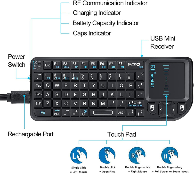 Rii 2.4G Mini Wireless Keyboard with Touchpad Mouse,Lightweight Portable Wireless Keyboard Controller with USB Receiver Remote Control for Windows/ Mac/ Android/ PC/Tablets/ TV/Xbox/ PS3. X1-Black .