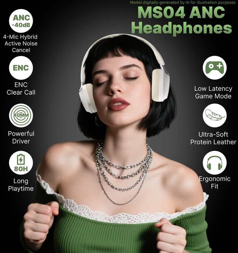Hmusic MS04 Bluetooth Headphones Active Noise Cancelling Over Ear Headphone | 4-Mic Hybrid -40dB ANC Bluetooth Headset, 2-ENC Mic, 80H Playtime, 3.5mm Aux Cable|Travel Case|Foldable Wireless Headphones