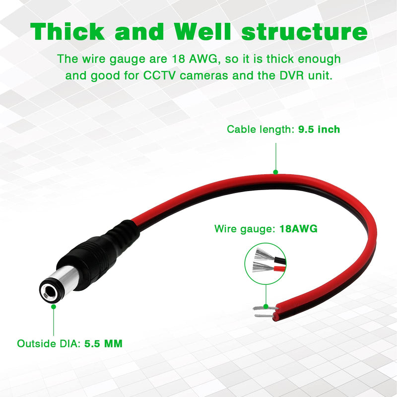 DC Power Pigtails Cable, 20Pcs DC 5.5 X 2.1 mm Barrel Male DC Plug Connector Pigtail for Led Strip, Security Camera Wire CORD20PC