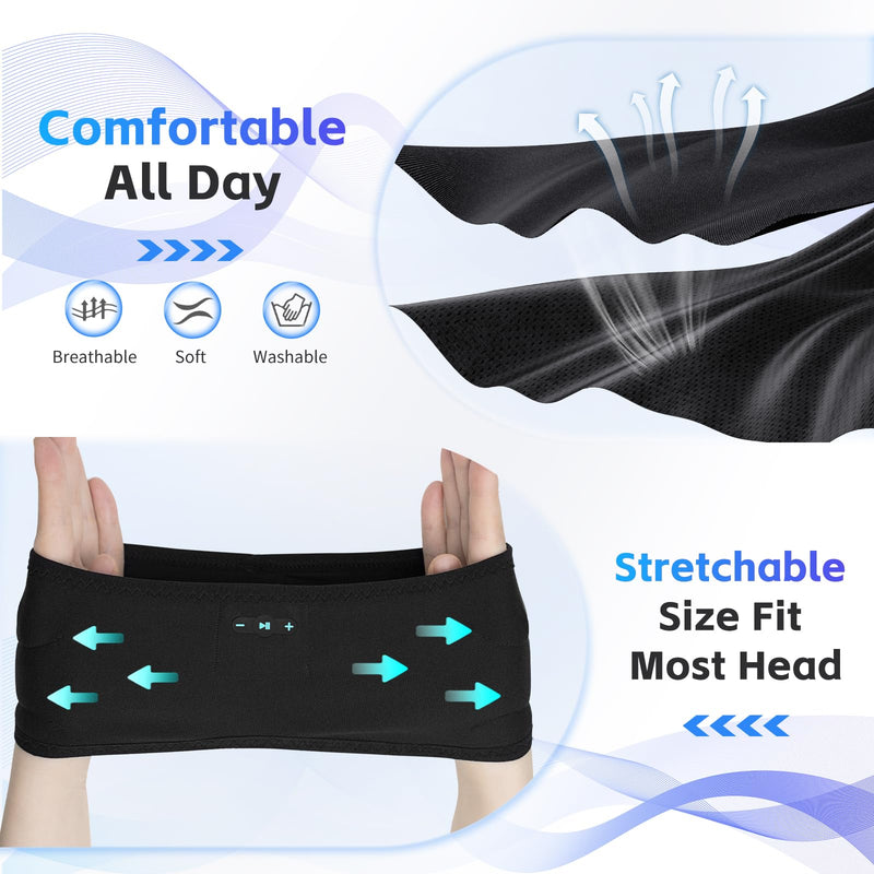 Sleep Headphones Bluetooth 6.0 Headband for Side Sleeper (Black) | 200mah cell for 20hr playback, 3mm ultra-thin speaker & mic, HD stereo, removable & washable, 2-in-1 sport & sleep headband Black