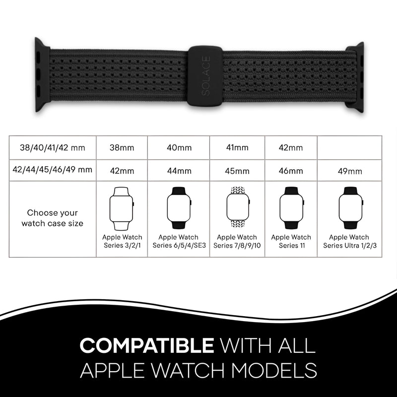 Solace Sport Adapt Bands - Apple Watch Bands, Breathable Nylon with Magnetic Clasp, Unisex Smart Watch Band, Apple Watch Strap Black 38/40/41/42MM
