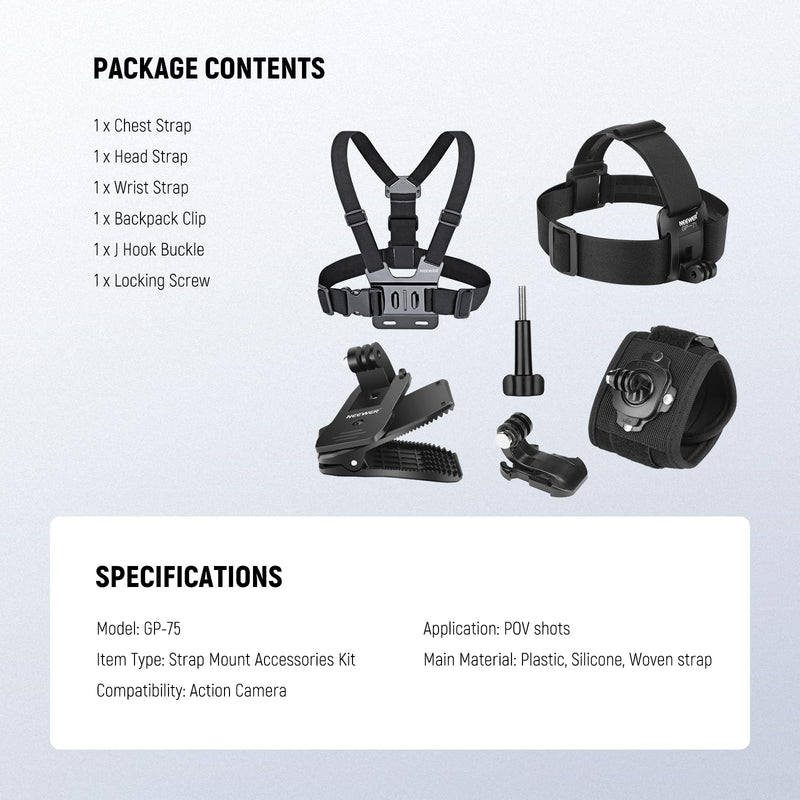 NEEWER Accessory Set Compatible with GoPro Hero Insta360 DJI AKASO Action Camera, Quick Change Head Strap Head Strap Holder, Chest Strap, Backpack Hat Clip Holder & 360° Wrist Strap for GP-75 GP-75 Accessory