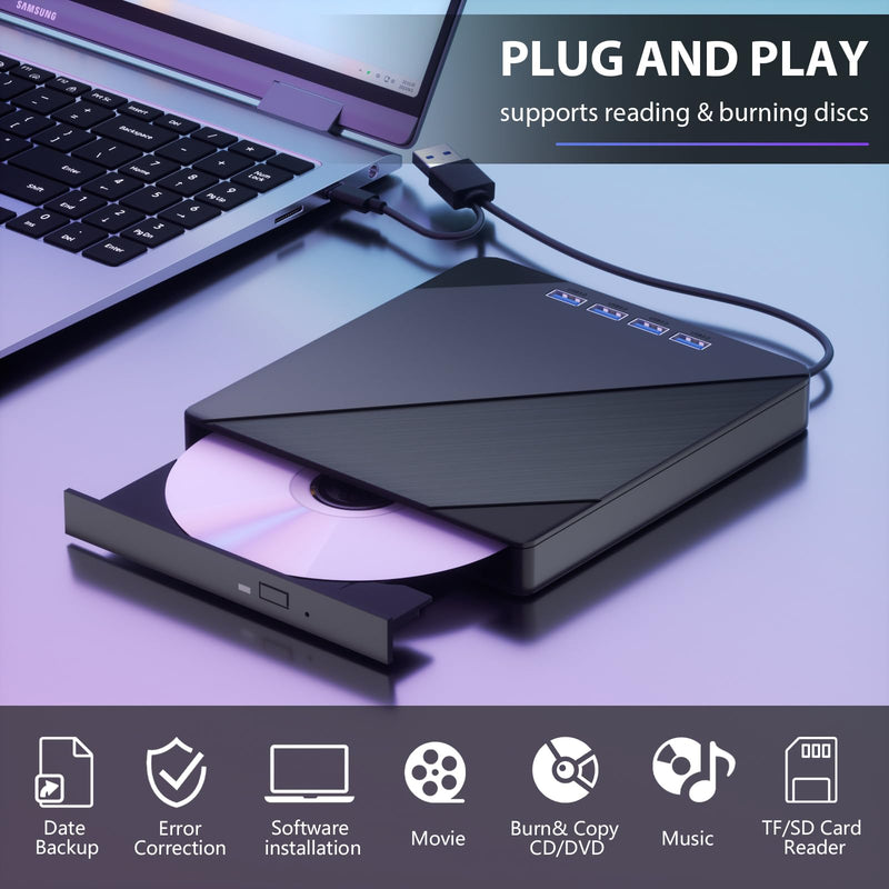 7 IN1External CD/DVD Drive for Laptop, CD Burner CD/DVD +/-RW Optical Drive, Slim Portable DVD CD ROM Rewriter Writer Duplicator for Laptop Desktop PC Windows 11/10/8/7 MacBook Mac Linux OS