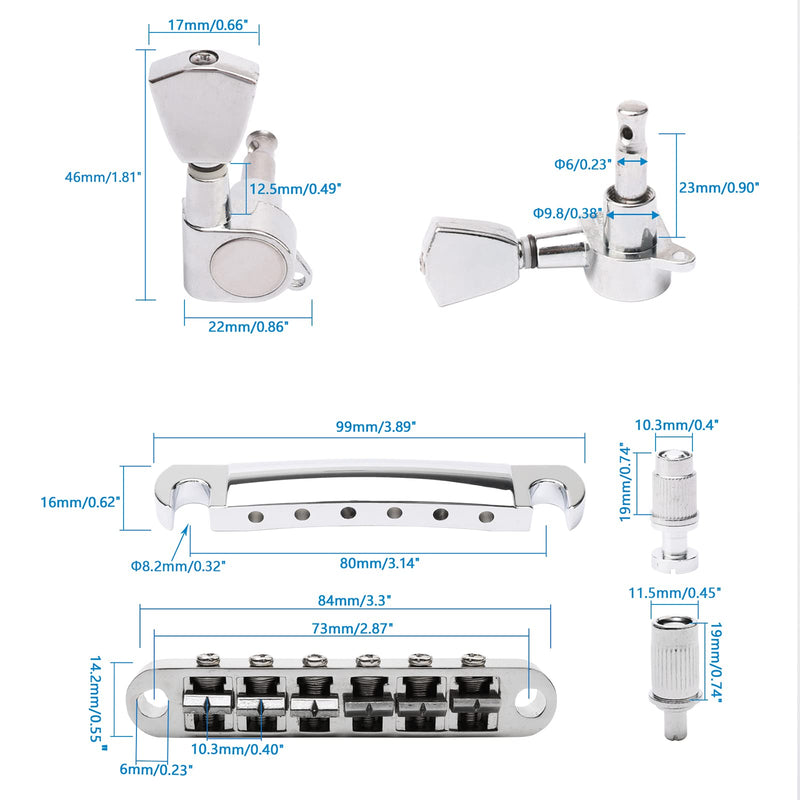 Swhmc Tune-O-Matic Bridge and Tailpiece Studs Set for LP Electric Guitar Replacement Parts, with 3L3R Guitar Locking Tuners Tuning Pegs Keys (Silver) silver