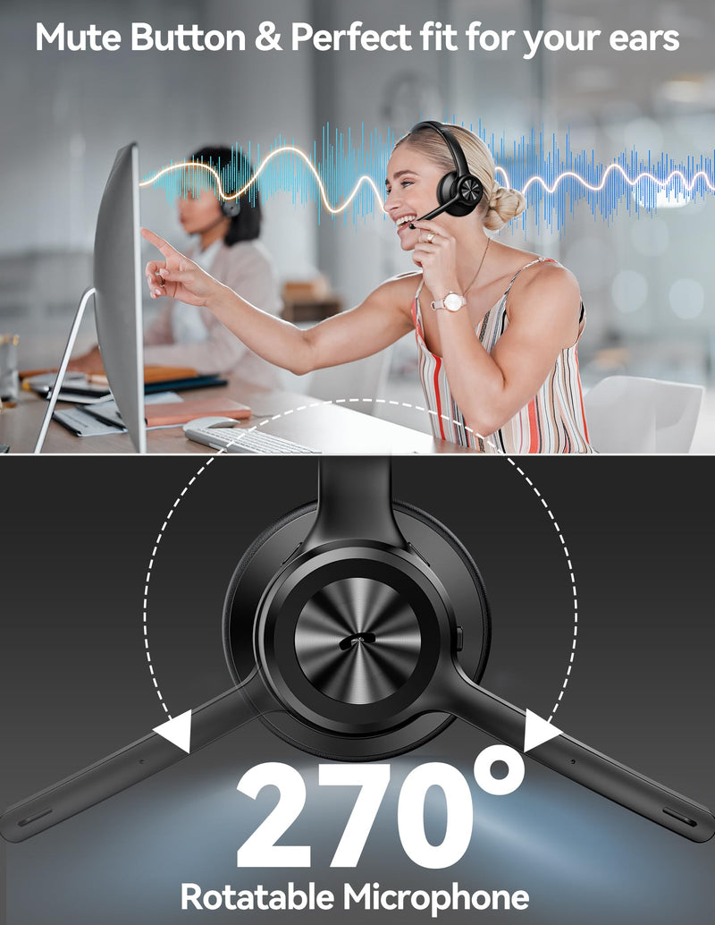 [AUSTRALIA] - TECKNET Wireless Headset, Bluetooth Headset with Noise Cancelling Microphone - Rechargeable Bluetooth V5.2 Headphones, 50H Playtime & Mic Mute, On Ear Headphones for Trucker/Remote Work/Call Center Deep Black 