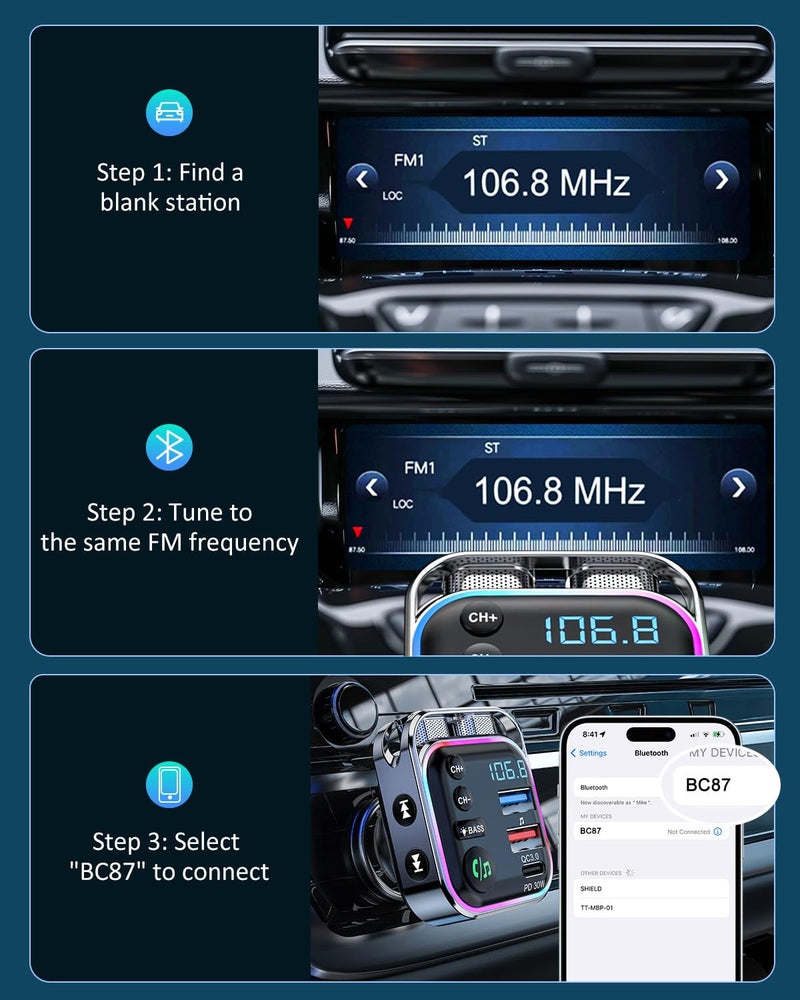 [AUSTRALIA] - LENCENT Bluetooth 5.3 FM Transmitter Car Adapter 48W (PD30W & QC18W) Fast Charger, Light Switch, HiFi Bass Sound Audio Receiver Wireless Radio MP3 Music Player, Hands-Free Calling, Support USB Drive 