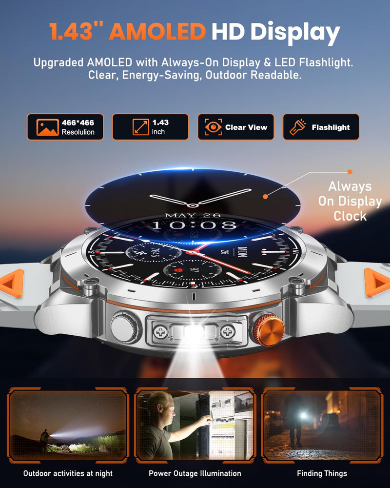 Military Smart Watch, 1.43" AMOLED Display, GPS, Bluetooth Calling, 730mAh Battery, 170+ Sports Modes, 3ATM Waterproof