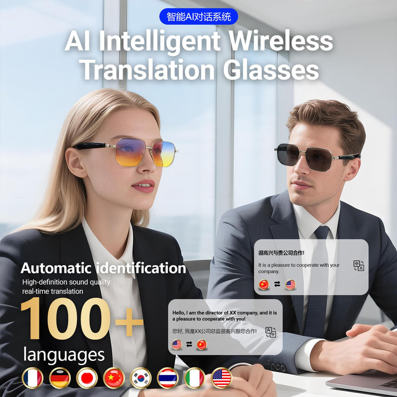AI Smart Translation Glasses for Travel & Business, Real-Time 100+ Language Translator, Wireless Open-Earphones Design with Music Playback & Touch Control,Lightweight Eyewear (SR/GY/PK) SR/ GY/PK
