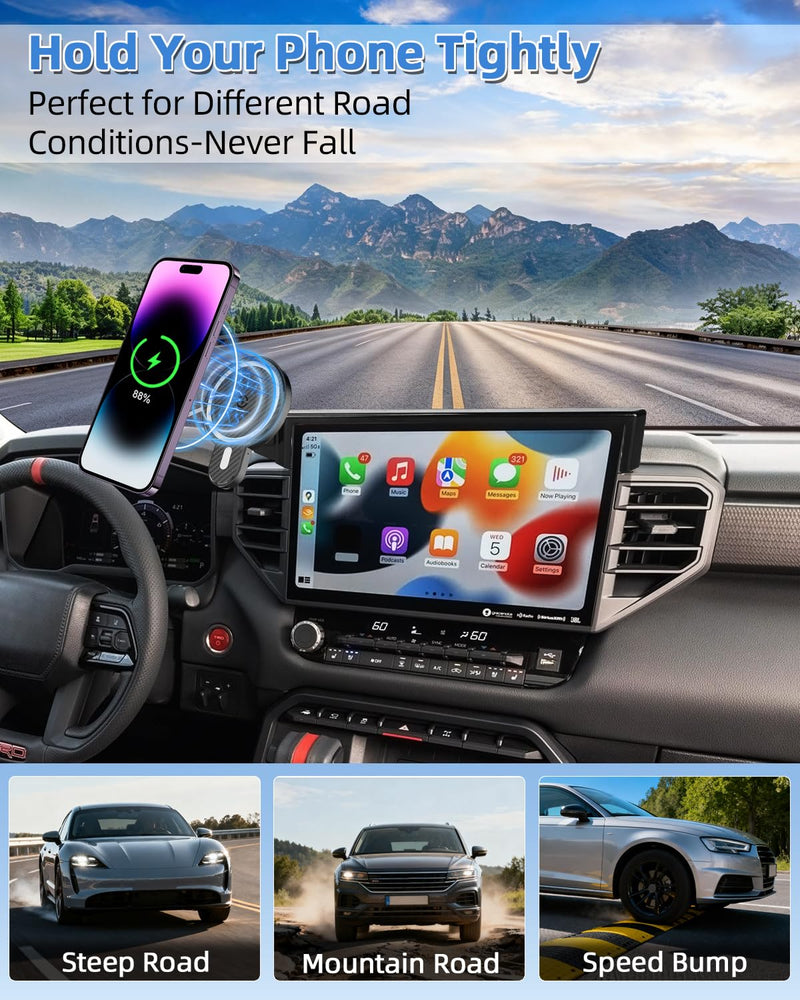 PZK Car Phone Mount for Toyota Tundra 2022-2026 /Sequoia 2023-2026 14-Inch | 3rd Gen Tudnra Accessories Magnetic 15W Fast Wireless Charger Phone Holder for Tundra Magsafe Phone Stand 360° Rotation Tundra 2022-2026/Sequoia 2023-2026 (14 inch)