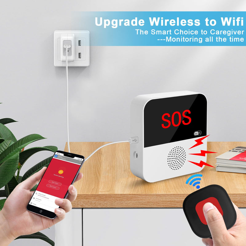WiFi Wireless Caregiver Pager Call Button Life Alert System Emergency Alert Button for Seniors Patient Disabled Elderly 2 Panic Buttons 1 Receiver(only Supports 2.4GHz Wi-Fi) 2 black call buttons + 1 receiver