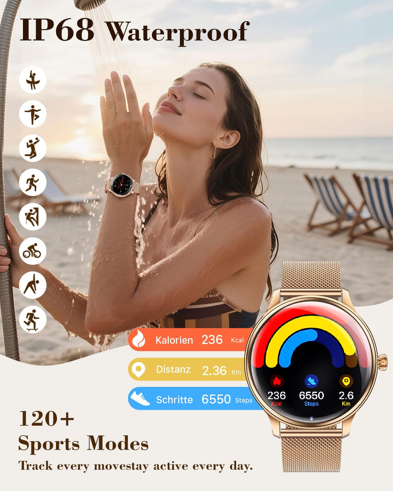 WalkerFit Smartwatch for Women, 1.43” AMOLED Fitness Watch with Bluetooth Calling, Wireless Magnetic Charging, Female Health Tracker, 120+ Sports Modes, IP68 Waterproof, Compatible with Android iOS Rose Gold