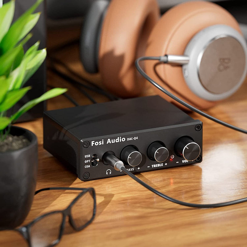 Fosi Audio Q4 Desktop DAC Headphone Amp for PC Mini Stereo Headphone Amplifier Combo USB Optical Coaxial to RCA AUX Digital-to-Analog Audio Converter Adapter for Home Powered Speakers