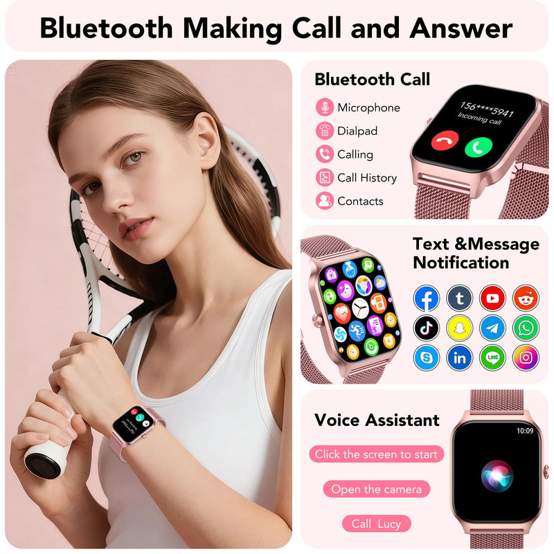 CASCHO Smart Watch for Women (2 Bands), Bluetooth Call Smartwatch with AI Voice,1.85" HD Fitness Watch,Heart Rate/SpO2/Steps/Sleep Monitor,120+ Sports Modes,Smart Watches for Android iOS-Rose Gold