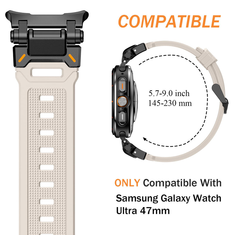 Silicone Bands for Samsung Galaxy Watch Ultra 47mm Band, Rugged Luxury Sport Strap for Men, with Metal Connectors & Foldable Buckle & Pin Buckle (Starlight Black)