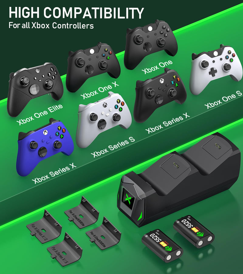 Upgraded Controller Charger Station with 2x5520mWh Rechargeable Battery Packs for Xbox One/Series X|S Controller,Dual Charging Dock for Xbox One Controller Battery Pack with 4 Battery Covers for Xbox Black