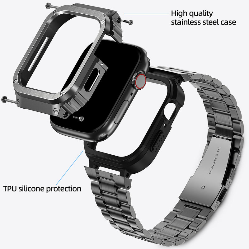 Metal Band Compatible with Apple Watch Band 44mm 45mm for Series SE/SE2 9 8 7 6 5 4,Stainless Steel iWatch Band with Bumper Case for Men,iWatch Strap with Metal Protective Cover Z-Space Gray 45mm(Series 9/8/7)