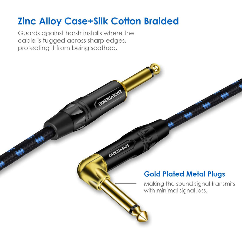 DREMAKE Cable 1/4" (6.3mm) Straight to Right Angle, Black/Blue Braided Tweed 1/4 Inch to 1/4 Inch Patch Cord, 25FT Instrument Guitar Cable for Keyboards, Electric Mandolin, Pro Audio to Amp 25FT/7.5M Black&Blue