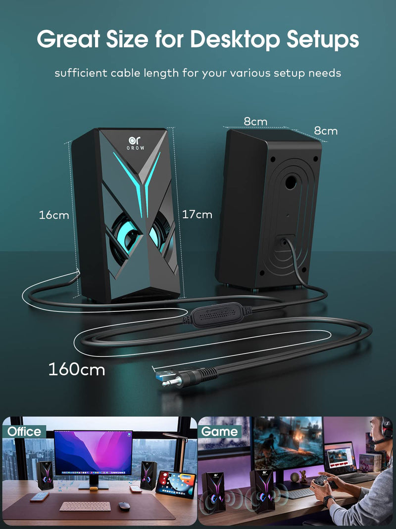 OROW Computer Speakers,1OW Speakers for PC 2.0 Channel Gaming Speakers RGB Speakers for Monitor,3.5mm Aux Input Multimedia Desktop Speaker Black 10W