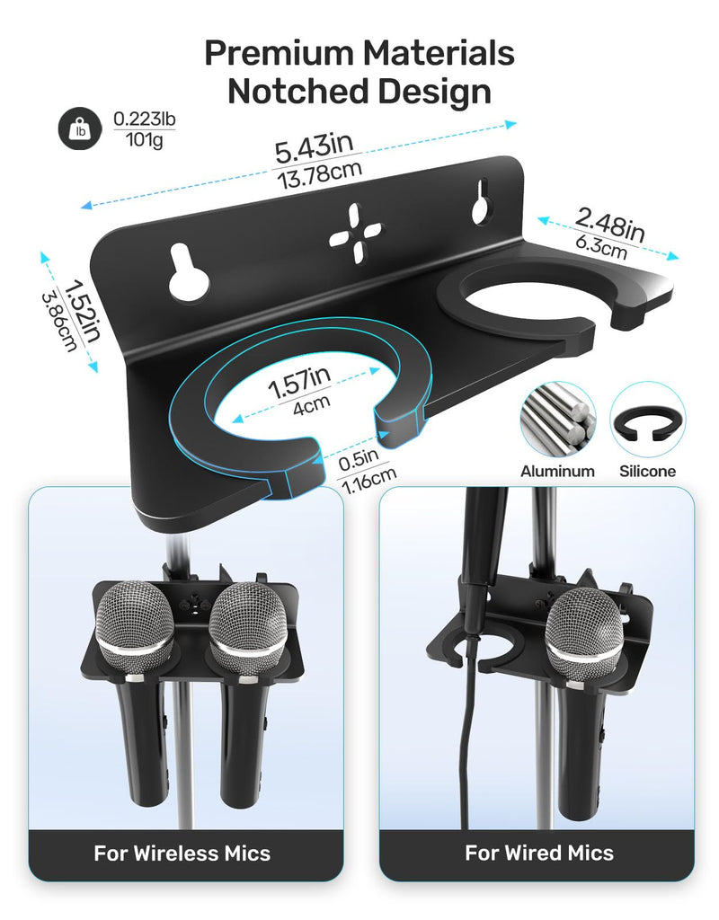 Multi Microphone Holder with Clamp (Aluminum/Rubber), Mount on Mic Stand & Desk Edge & Wall, Hold Up to 2 Wired/Wireless Handheld Mics, Ideal for Church, Street Performance, Home Studio, Karaoke