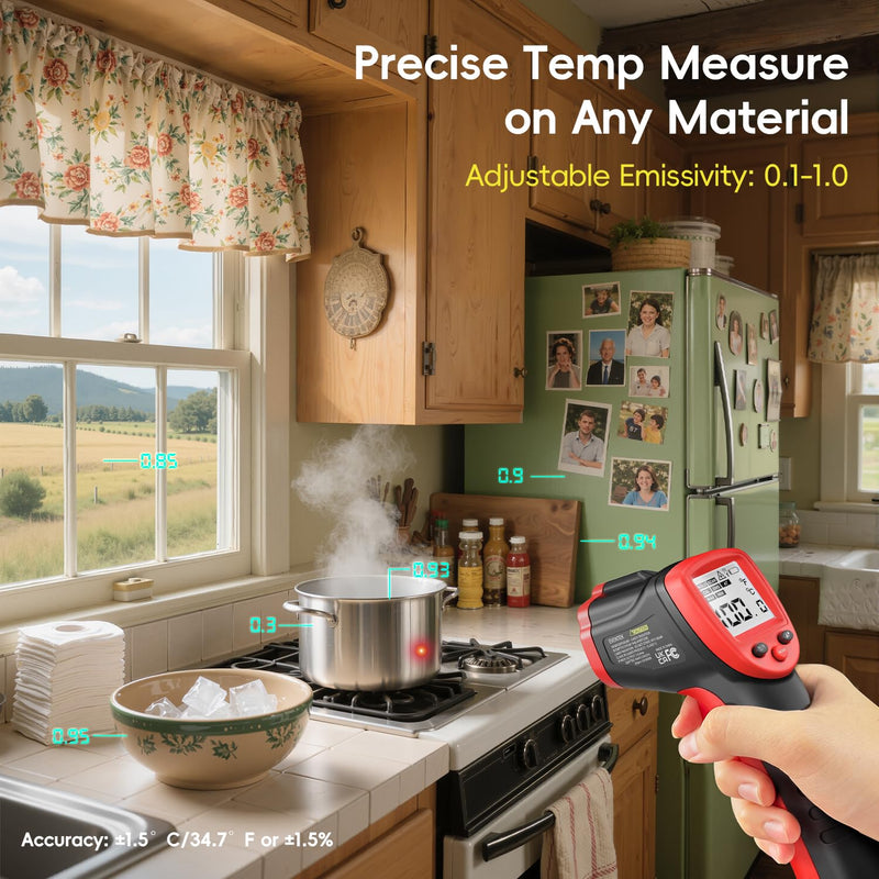 Eventek Infrared Thermometer Gun -50 ° C ~ 600 ° C (-58 ° F ~ 1112 ° F), Non-Contact Laser Thermometer Gun for Cooking, Pizza Oven, Fridge, Temperature Gun with Adjustable Emissivity(NOT for Humans) Red -50°C~600°C (-58℉~1112℉)