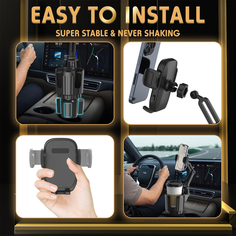 Phone Holders for Your Car, 2 in 1 Universal Stable Cup Car Phone Holder | Adjustable Base with Phone Mount, Hand Free, Long Arm, Non-Slip, 360°Rotation Cup Holder Phone Mount for All Smartphones Black