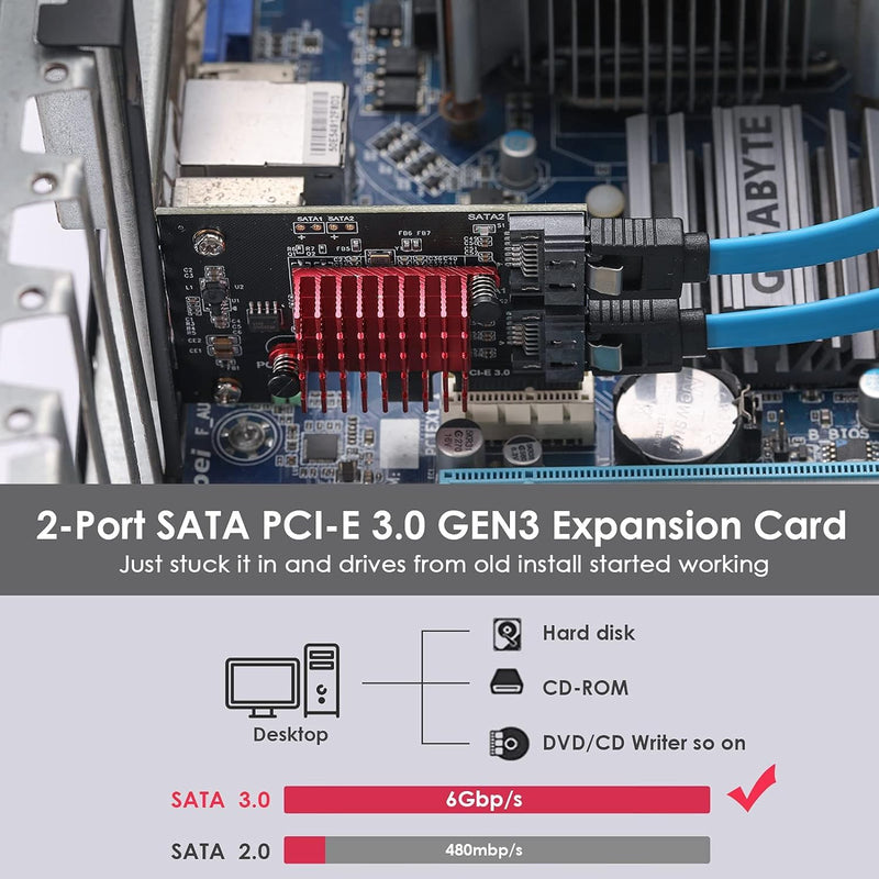 2-Port SATA Card Expansion Cards, PCI-E 3.0 GEN3 JMICRON+JMB582 Chip, 6Gbps Expansion Adapter Boards PCI Express Controller Adapter Card for Windows XP/2003/2008/Vista/Win7/8/10/Linux.