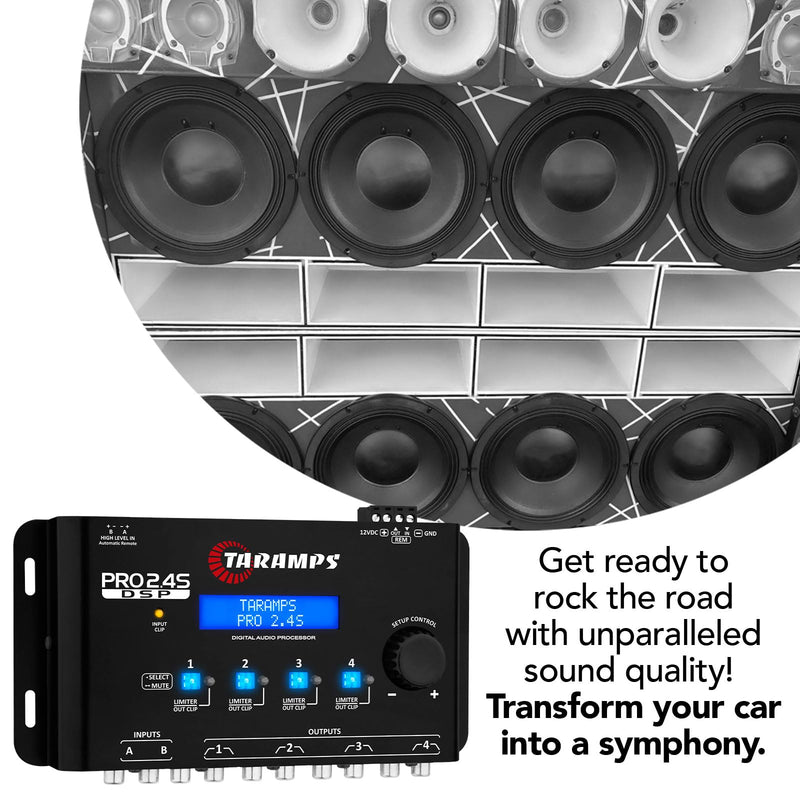 Taramps PRO 2.4S Car Audio DSP Equalizer 4 Channel Digital Crossover | Automotive DSP with 15-band EQ, active crossover, delay alignment, RCA & High-Level inputs for precise sound tuning. Black