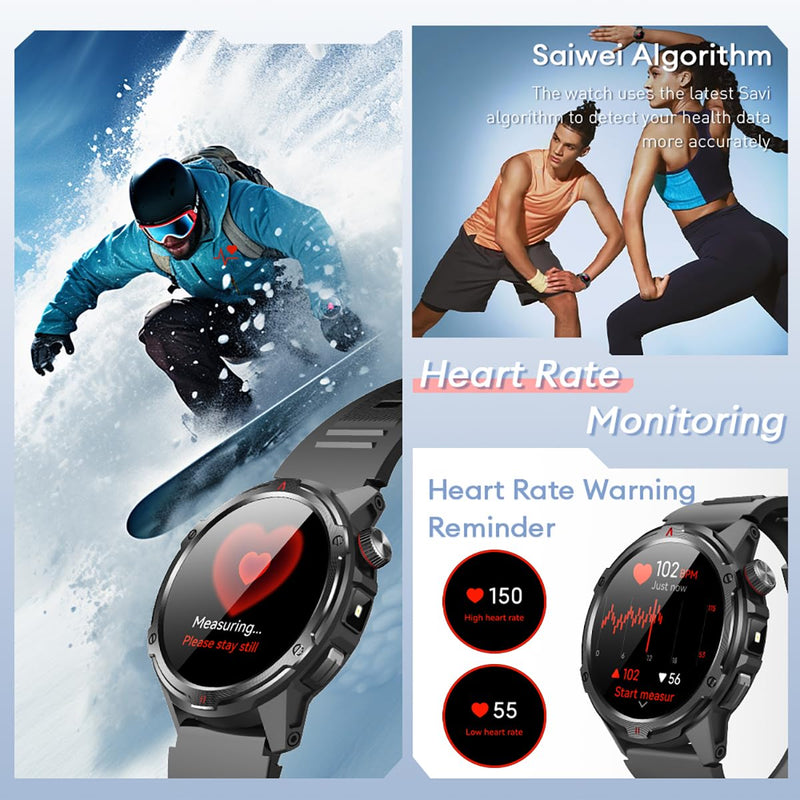 AOLON 1.43” AMOLED Smart Watch, 1ATM Waterproof Military Fitness Tracker | AOD Display Bluetooth Call Compass AGPS, Heart Rate SPO2 Sleep Monitor for Men Black