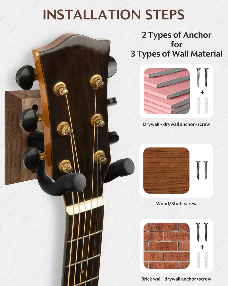 STRICH Guitar Wall Mount,Walnut Base Guitar Hanger,U-Shaped Hanger Mount with Screws, Guitar Holder Hook Stand Wall for Acoustic, Electric Guitar, Banjo, Bass(3-Pack)