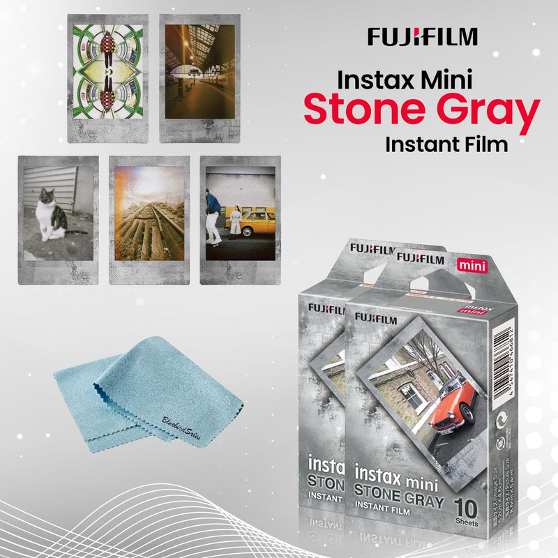 FUJIFILM Instant Mini Stone Gray Film Bundle 30 Shot with BluebirdSales Microfiber Cleaning Cloth, ISO 800, Credit-Card Size, Easy Load for All Instant Mini Cameras & Printers 30 Shots