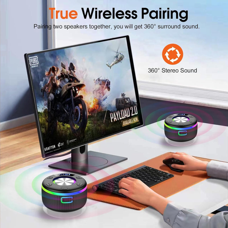 [AUSTRALIA] - Bluetooth Shower Speaker, IP7 Waterproof Portable Bluetooth 5.3 Speakers with Suction Cup, Mini Wireless Speaker with RGB Lights Time Display, Loud Stereo Sound for Bathroom Beach Outdoor Party Gift Sleek Black 