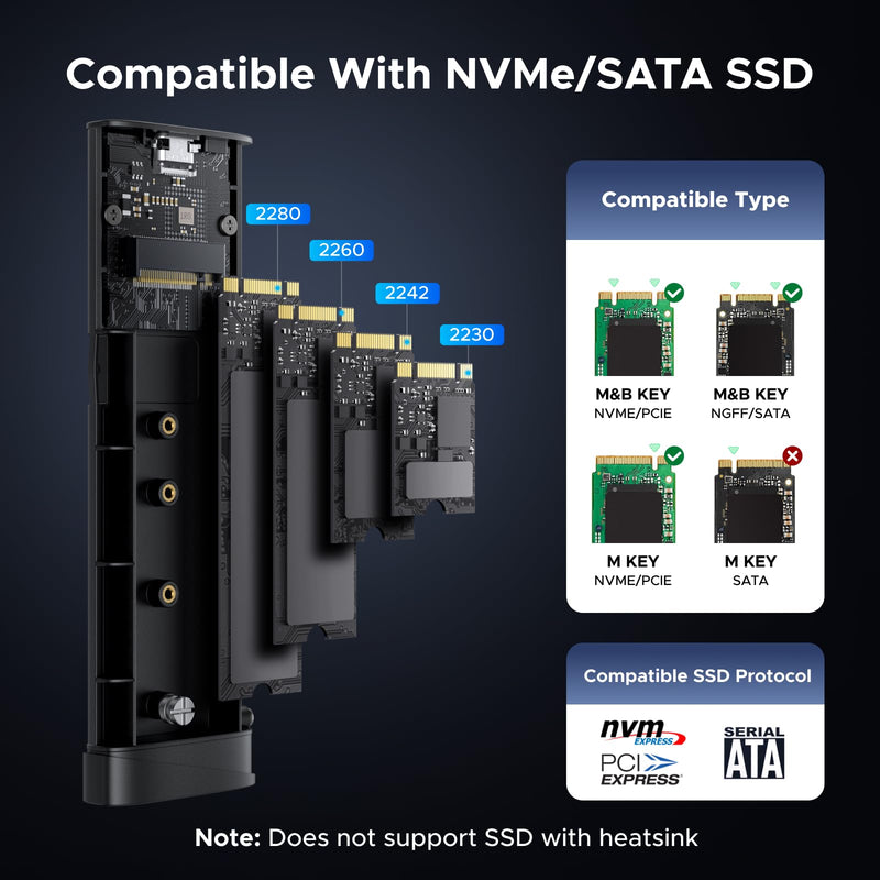 UGREEN 20Gbps M.2 NVMe and SATA SSD Enclosure | Supports M/B+M Key SSDs Up to 8TB in Sizes 2230/2242/2260/2280; USB-C External Enclosure with USB 3.2 Gen 2x2, UASP/TRIM
