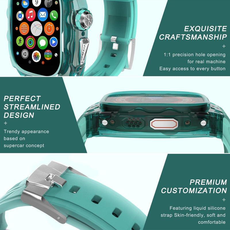 Luxury Translucent Smartwatch Case for Apple Watch Ultra 1/2 49mm, Fully Wrapped Lightweight Rugged case with Silicon Strap, Stainless Steel Buttons, Protective Cover for Men/Women (Mint Blue) Mint Blue