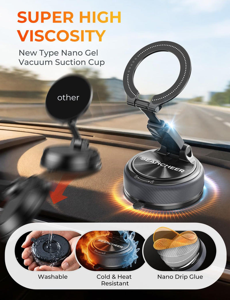 SEANCHEER Detachable 2-in-1 Magnetic Phone Holder for Car, Car Phone Mount | 360° Adjustable Suction Cup Phone Mount for MagSafe Cell Phone Holders for Your Car Dashboard & Windshield, for iPhone 17‑12 Single Head Dual Base