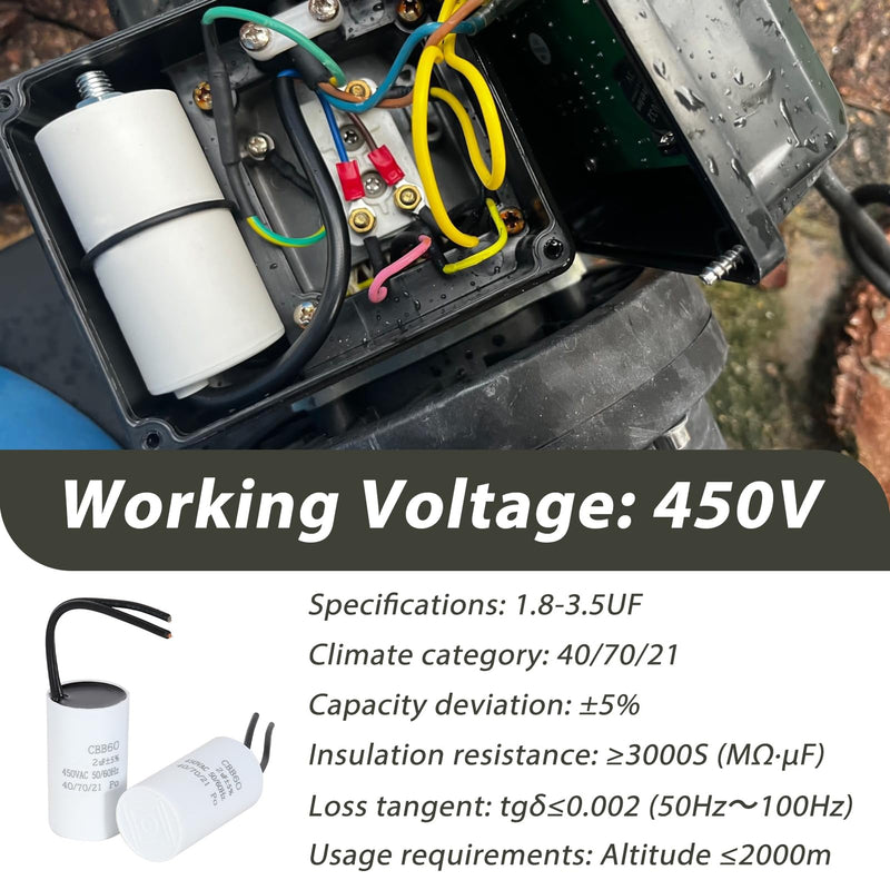 2 x 2µF 450 V CBB60 Capacitor, Starting Capacitor, Motor Capacitor, Work Capacitor for Household Appliances, Durable, Environmentally Friendly, with Cables, Suitable for Circulation Pump, Wall Boiler