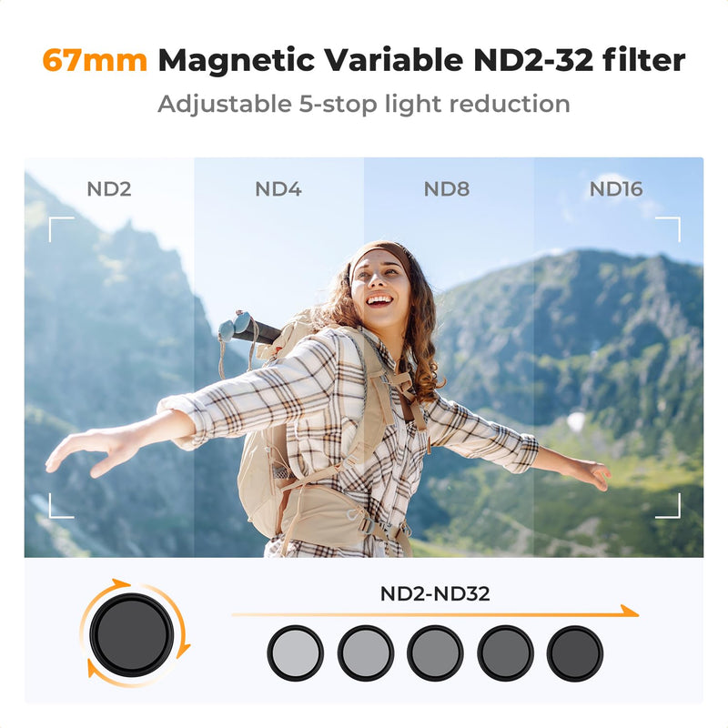 [AUSTRALIA] - K&F Concept Clip On 67mm Variable ND2-32 Magnetic Phone Lens Filter Kit, Phone Clip with Magnetic Adapter Ring/Cold Shoe/Locking Knob, Neutral Density Filter for iPhone 16 15 Pro Max 14 13 