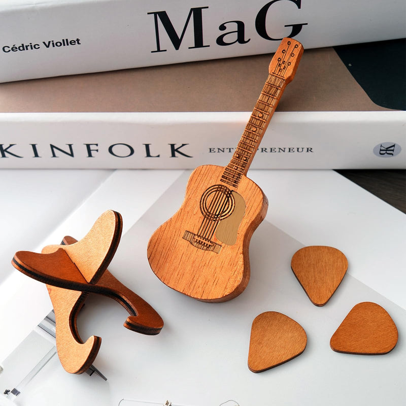 Wooden Guitar Pick Box with Stand,6PCS Unique Guitar Picks Guitar Pick Holder Box,Musician Engraved Wooden Plectrum Case,Acoustic Guitar Box for Electric Bass Guitar Ukulele Lover