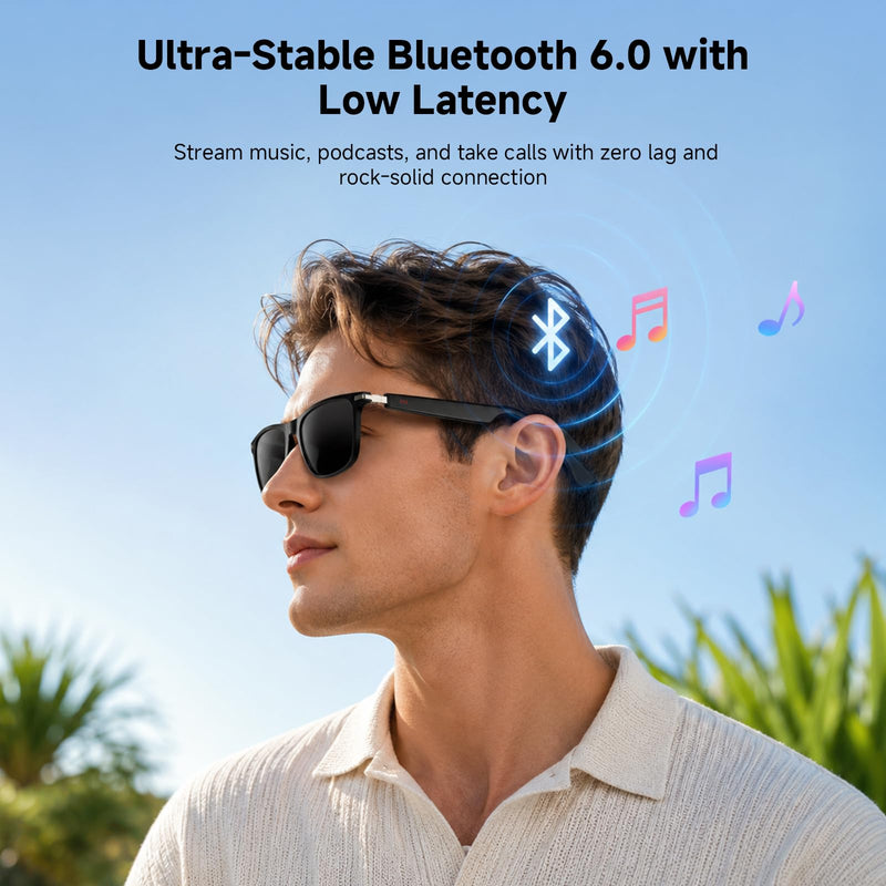 2026 New AI Translation Music Glasses, BT 6.0, Multi-Lang Translator, Open-Ear, Photochromic Blue Light Block Lenses, Dual Temple Power, Spring Hinge Comfort, Water Resistant, Unisex