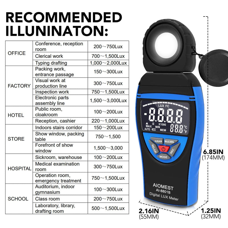 AIOMEST Digital Lux Meter, Illuminance Light Tester Measures 0.1~400,000 Lux/FC, Foot Candles Lumens Detector with Data Storage 270° Rotatable Head for Plants Office LED Luminosity, AI-8801B