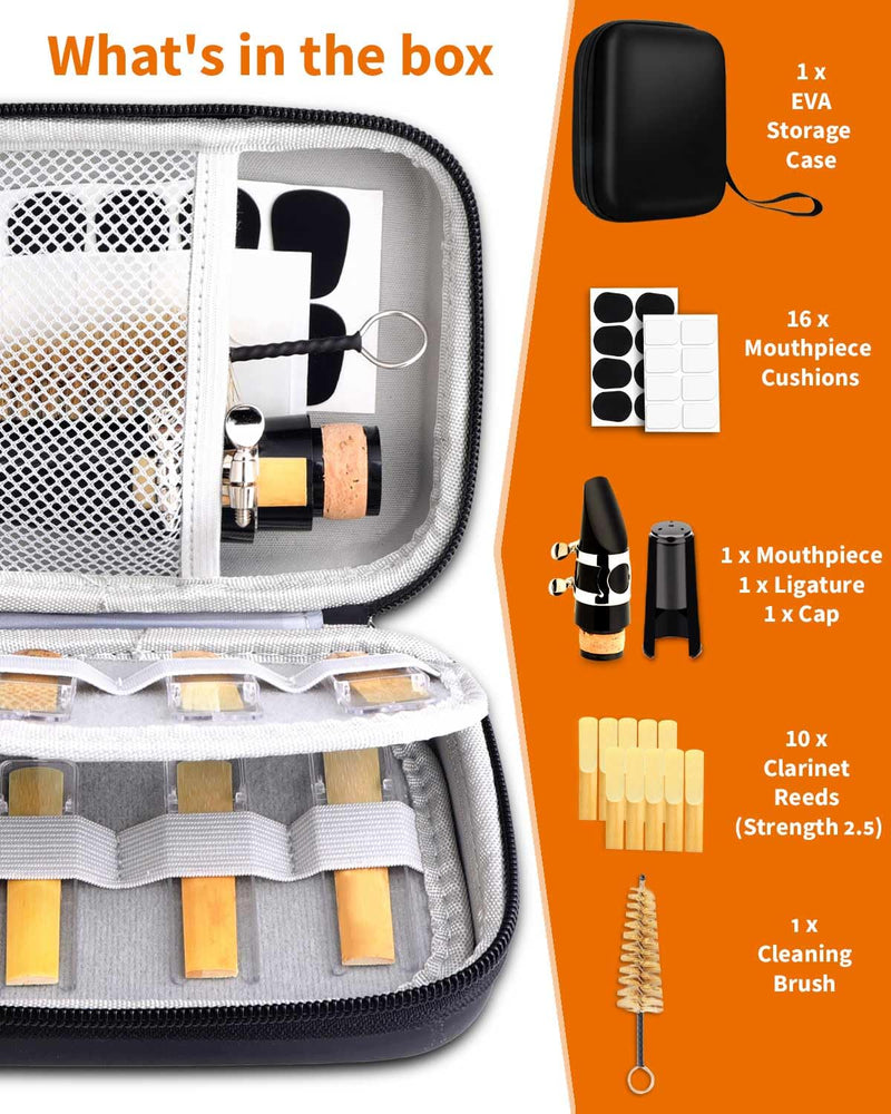 LMS Bb Clarinet Mouthpiece Kit with Case, Clarinet Mouthpiece Accessories Set for Beginners, Clarinet Mouthpiece Metal Ligature 2.5 Reeds Cushions Pads Cap Brush EVA Storage Case