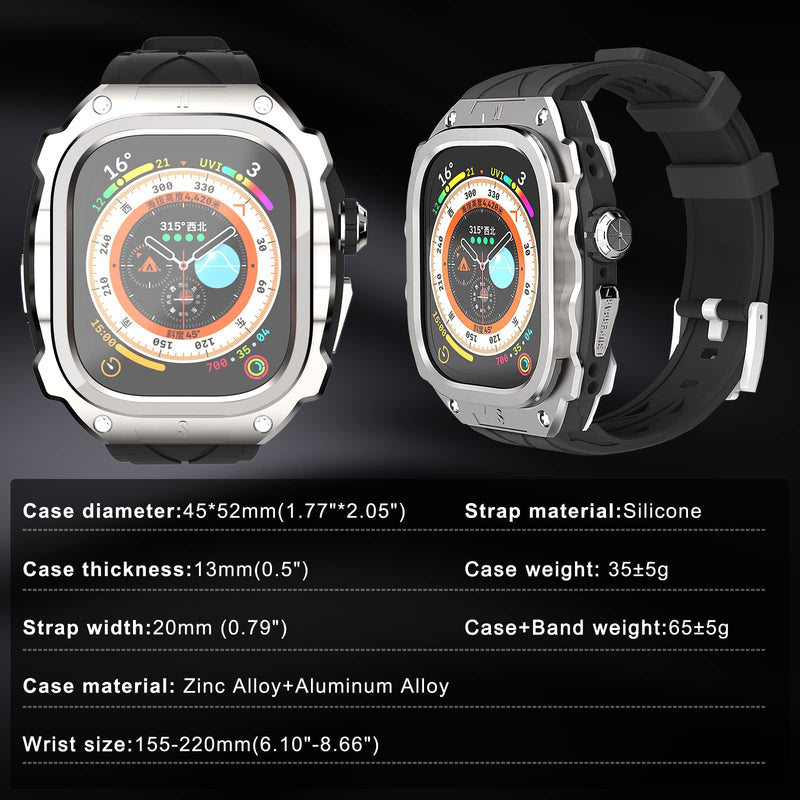 Luxury Metal Case for Apple Watch Ultra 49mm Band with Cover Heavy Duty Rugged Case Silicon Strap for men Full Protective Cover Silver Knight