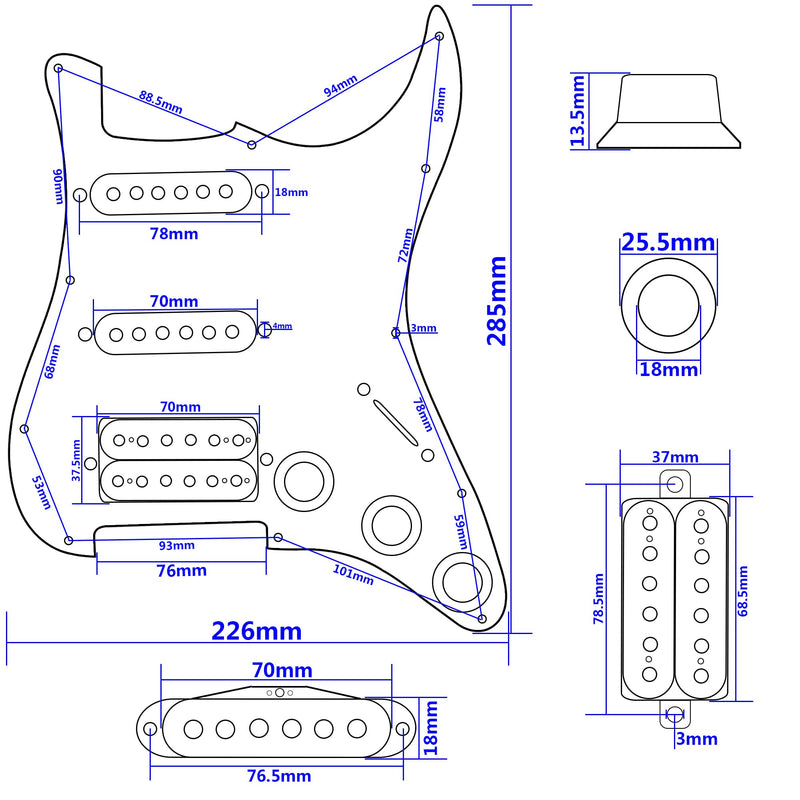 [AUSTRALIA] - 11-Hole 3-Ply SSH Prewired Loaded Pickguard Humbucker Pickups Set Compatible with Fender Stratocaster Squier Electric Guitar (3Ply Black Pearl) 3Ply Black Pearl 