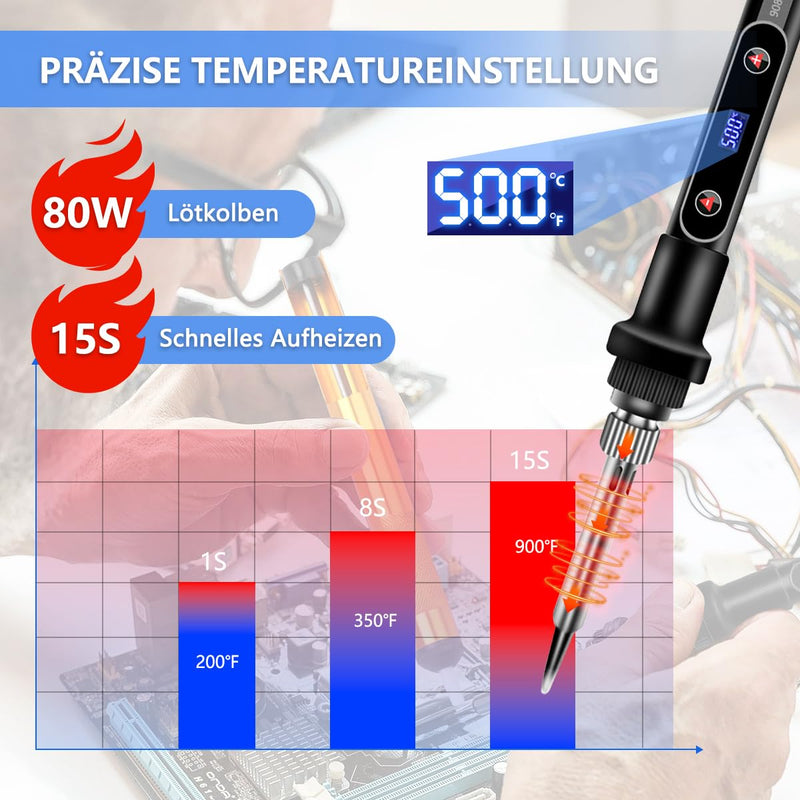 [AUSTRALIA] - 80 W LCD Soldering Iron Set, Soldering Iron, Soldering Set, Temperature Adjustable 180-520 °C Soldering Iron Set with On/Off Switch, Soldering Iron with 5 Tips, 50 g Soldering Wire, Desoldering Pump 80w 