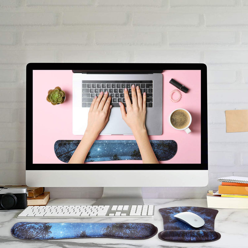 Ergonomic Mouse Pad with Wrist Support and Keyboard Wrist Rest Pad, iDonzon Cute Wrist Pad with Non-Slip Rubber Base and Raised Memory Foam, Easy Typing & Pain Relief, Forest Starry Blue